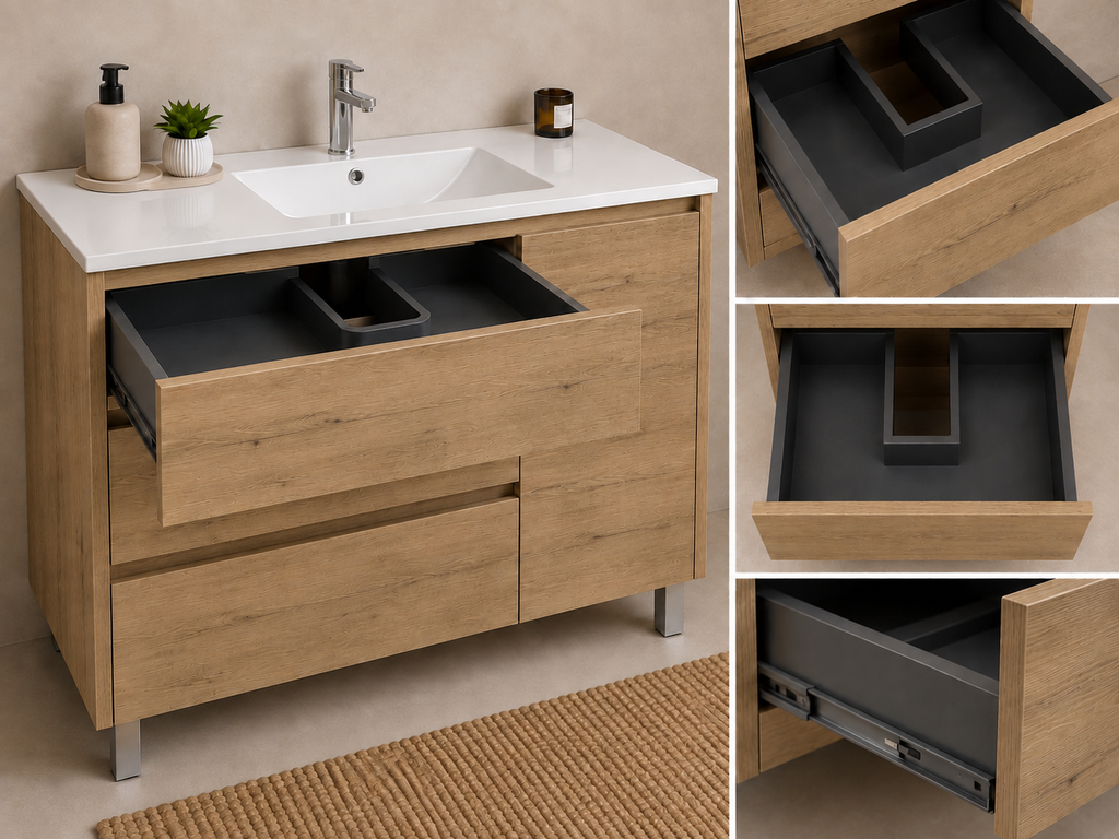 Badezimmermöbel-Set VOLUM mit Waschbecken + LED-Spiegel + Hochschrank 140 cm + Einhebelmischer – Estepa – 80/100/120 cm