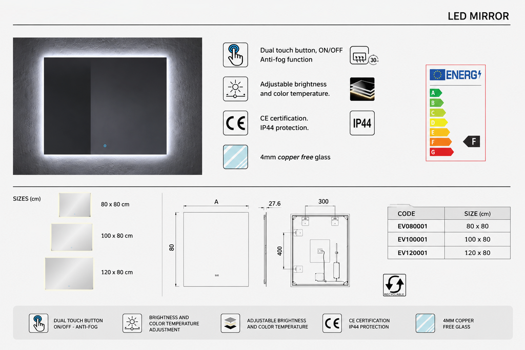 Badezimmermöbel-Set VOLUM mit Waschbecken + LED-Spiegel + Hochschrank 140 cm + Einhebelmischer – Estepa – 80/100/120 cm