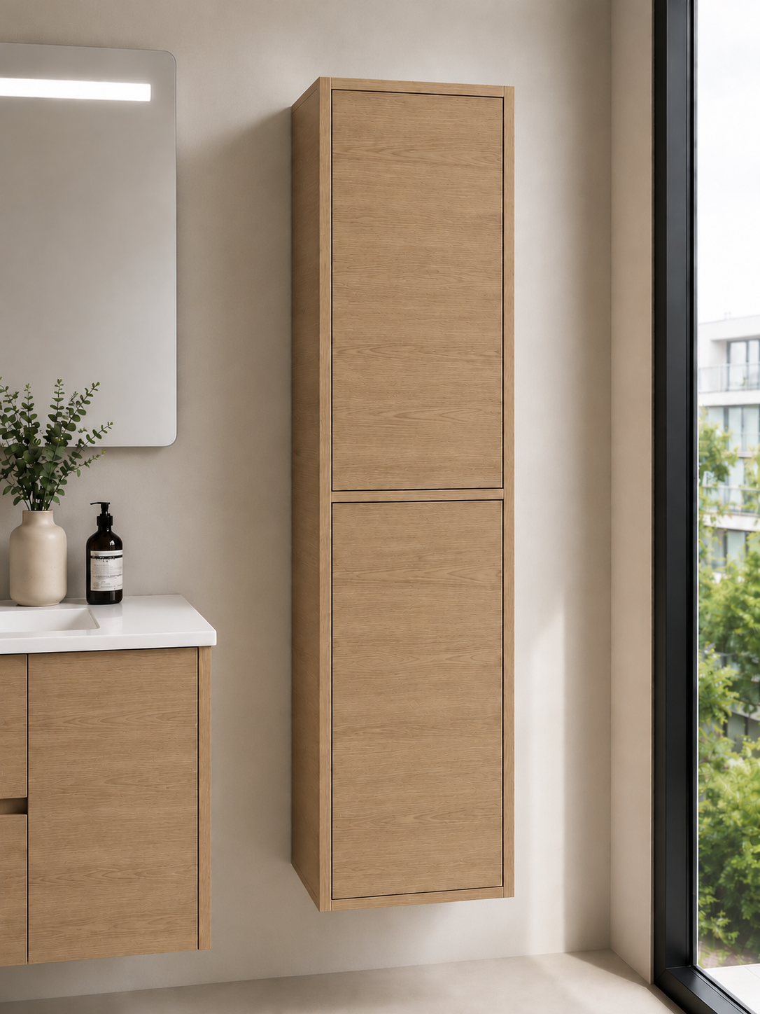 Badezimmermöbel-Set VOLUM mit Waschbecken + LED-Spiegel + Hochschrank 140 cm + Einhebelmischer – Estepa – 80/100/120 cm