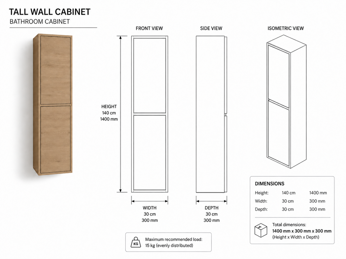 Badezimmermöbel-Set VOLUM mit Waschbecken + LED-Spiegel + Hochschrank 140 cm + Einhebelmischer – Estepa – 80/100/120 cm