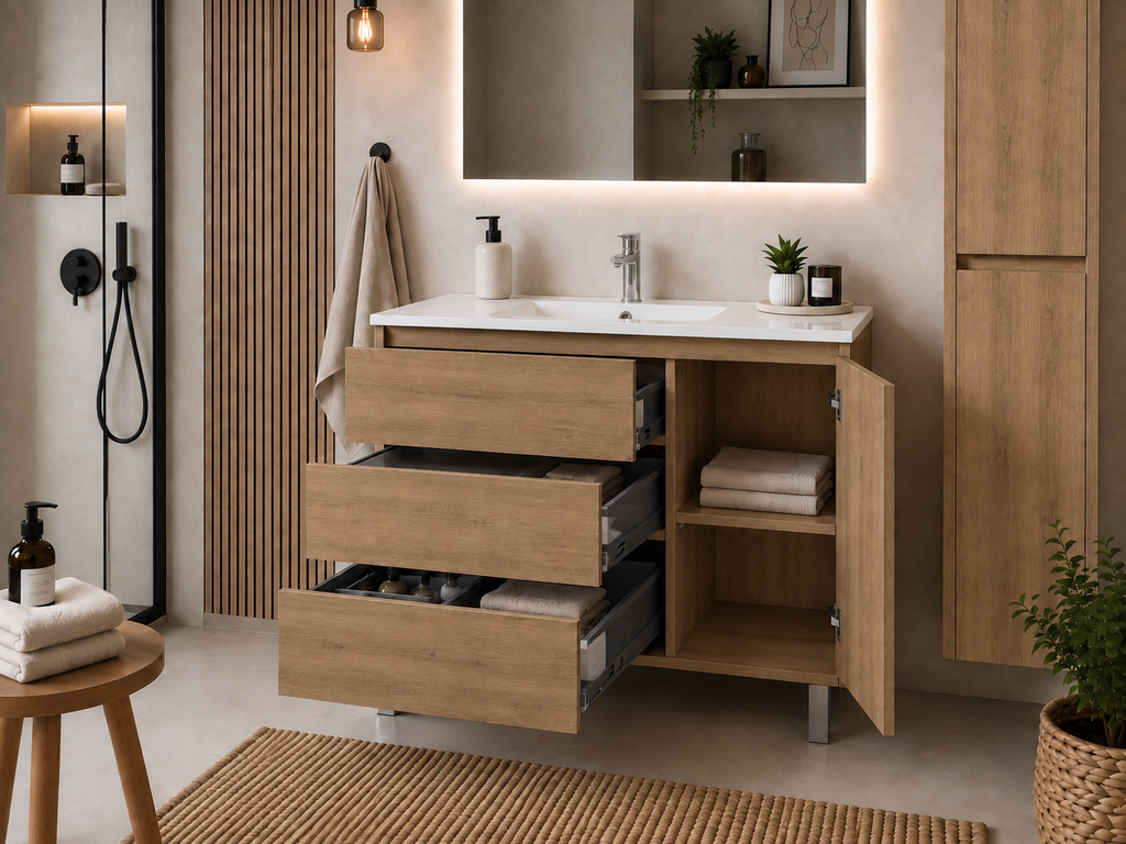 Badezimmermöbel-Set VOLUM mit Waschbecken + LED-Spiegel + Hochschrank 140 cm + Einhebelmischer – Estepa – 80/100/120 cm