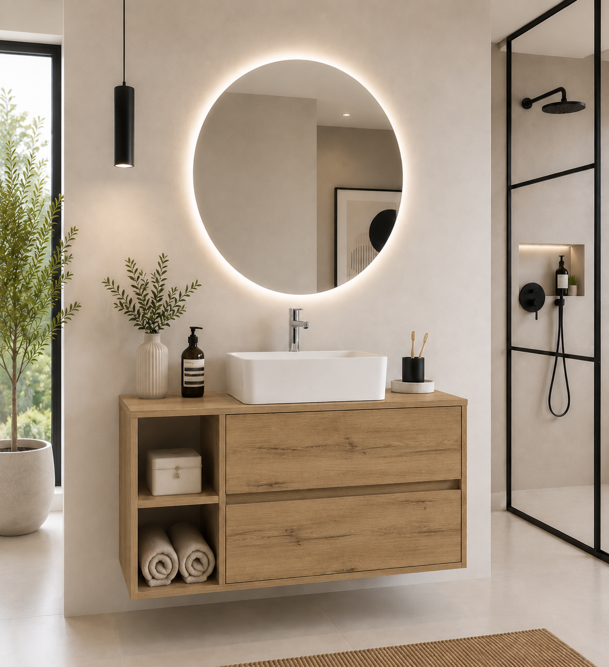 Badezimmermöbel ZEUS mit Holzplatte und Aufsatzwaschbecken