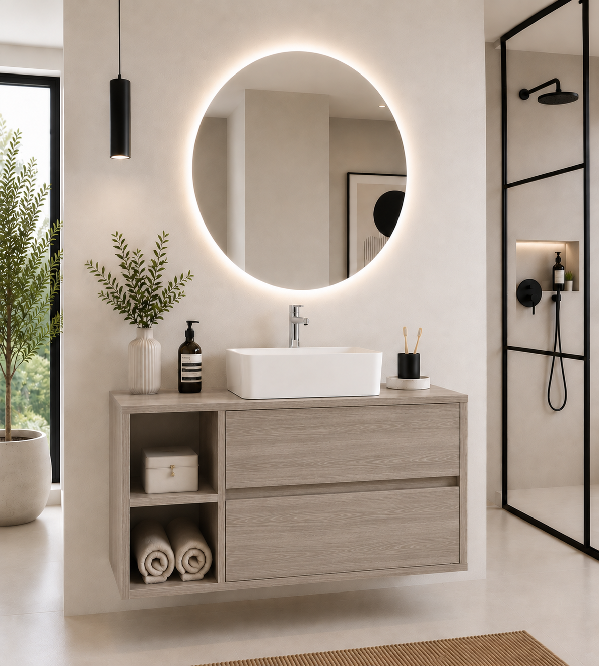 Badezimmermöbel ZEUS mit Holzplatte und Aufsatzwaschbecken