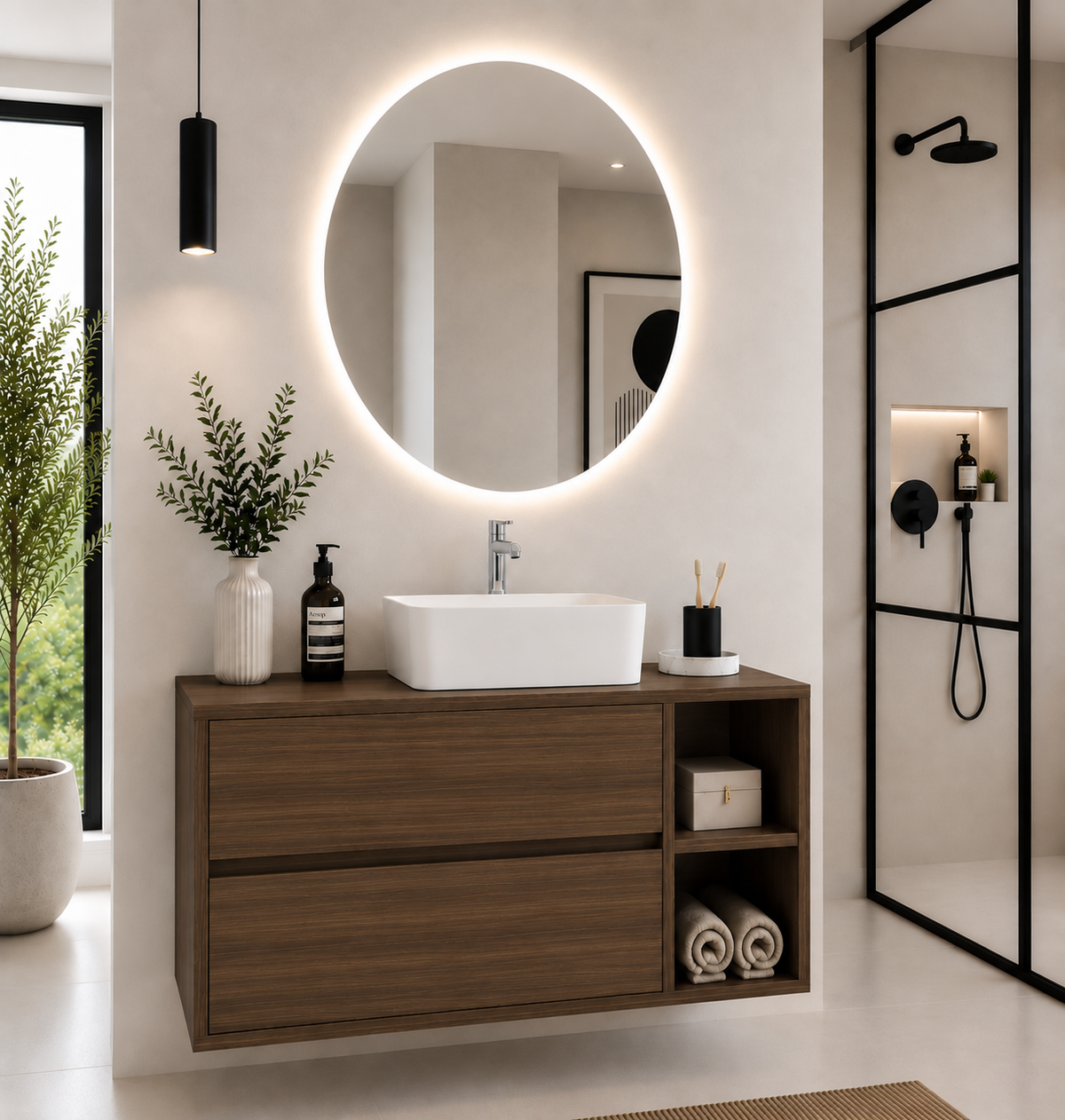 Badezimmermöbel ZEUS mit Holzplatte und Aufsatzwaschbecken