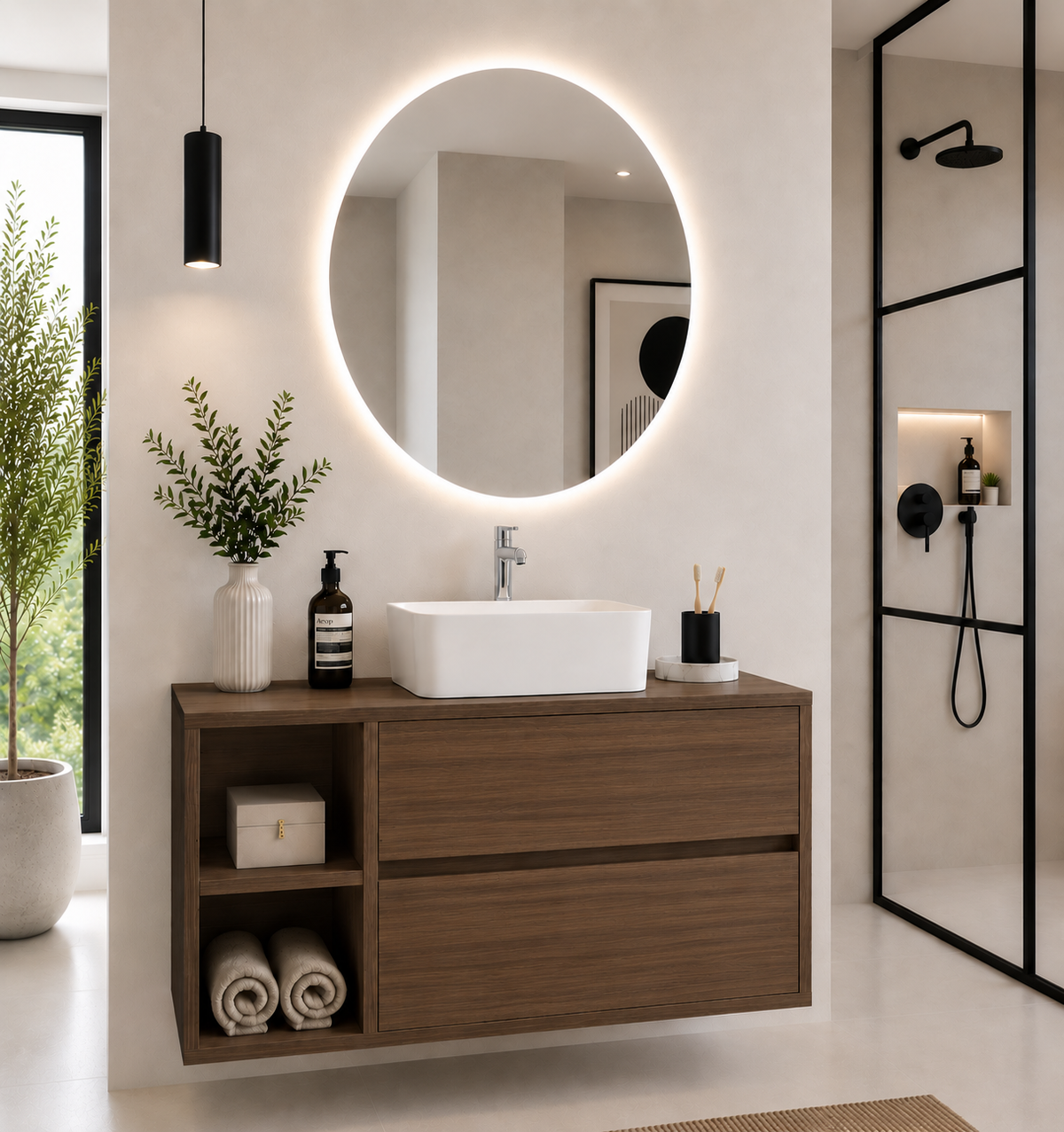 Badezimmermöbel ZEUS mit Holzplatte und Aufsatzwaschbecken