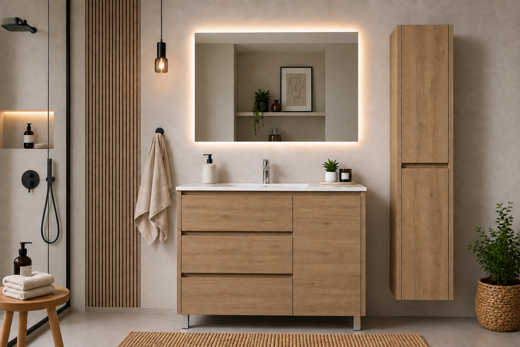 Badezimmermöbel-Set VOLUM mit Waschbecken + LED-Spiegel + Hochschrank 140 cm + Einhebelmischer – Estepa – 80/100/120 cm