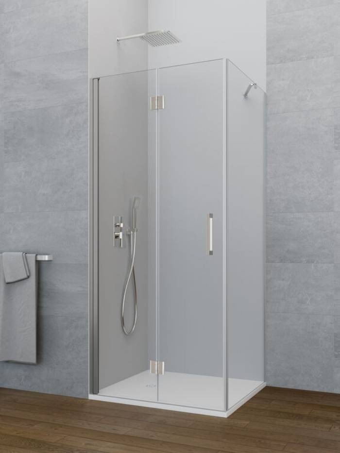 Mampara angular plegable + lateral fijo  GLASS - Cromo
