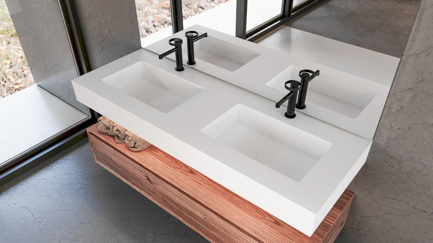 LEX Waschtischplatte aus Solid Surface mit 2 Waschbecken und Schürze bis 12 cm