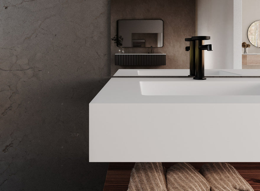 LEX Waschtischplatte aus Solid Surface mit 1 Becken und Schürze bis 12 cm