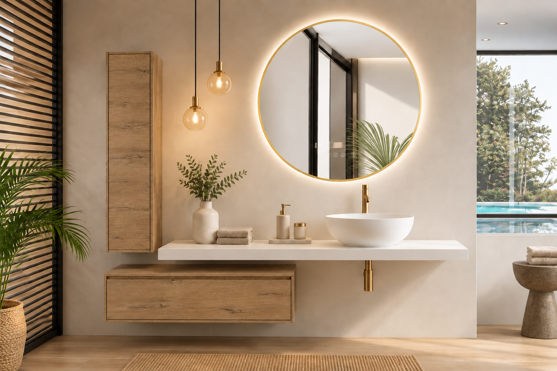 Badezimmermöbel in Steppenfarbe, bestehend aus einer 120 cm Waschtischplatte + 60 cm Modul + 100x30 cm Hochschrank + MALLORCA Aufsatzwaschbecken